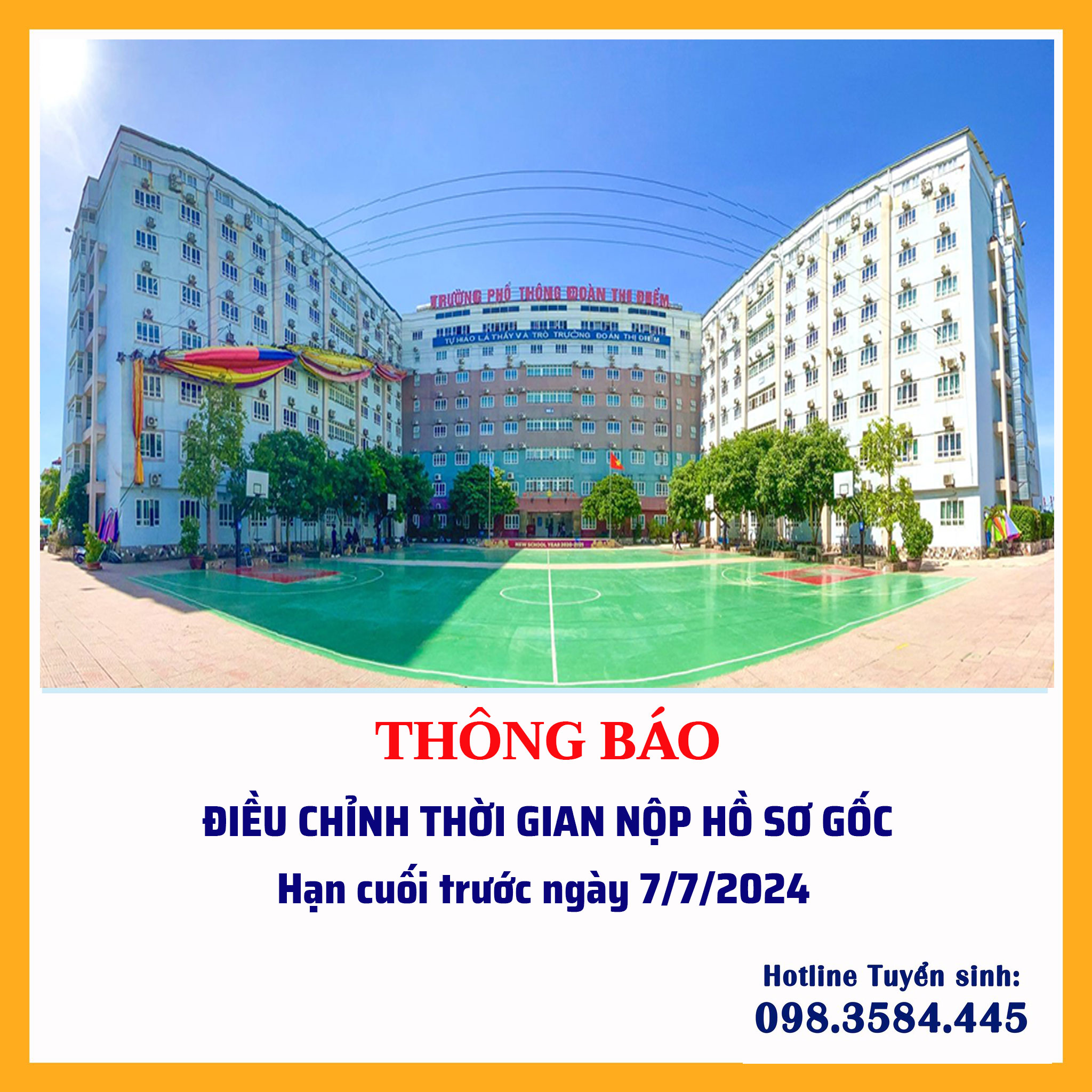 THÔNG BÁO ĐIỀU CHỈNH THỜI GIAN NỘP HỒ SƠ GỐC CỦA TRƯỜNG THPT ĐOÀN THỊ ĐIỂM